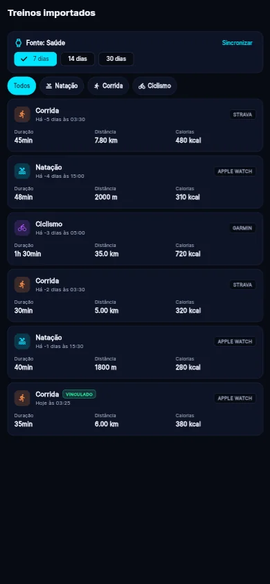 Treinos importados de Apple Watch, Health Connect e Strava